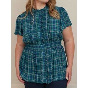 Torrid Plaid Short Sleeve Georgette Ruffle Front Top Blouse Size 0 NWT Buttons